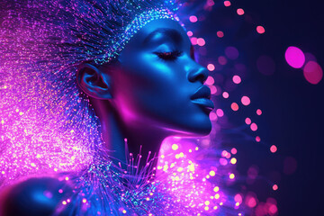 Poster - A woman's profile, bathed in vibrant pink and blue light, adorned with fiber optic strands, creating a futuristic, ethereal aesthetic.