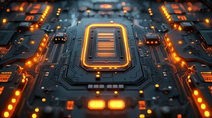 Wall Mural - lit circuit board; dark gray, orange glowing details