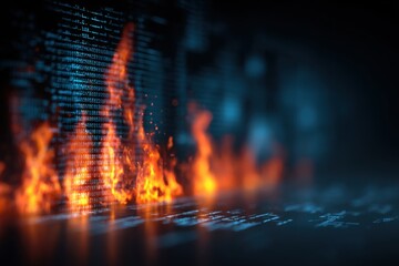 digital data breach concept with binary code in flames, representing cybersecurity threats, data los