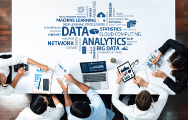 Fototapete - A dynamic meeting in a modern office centered around data analytics. Teams discuss insights using data visualization tools on various devices, promoting collaboration. Amity
