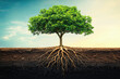 © Vibudhaart - A lush green tree with extensive roots deeply embedded in the soil, symbolizing growth, stability, and connection to the earth.