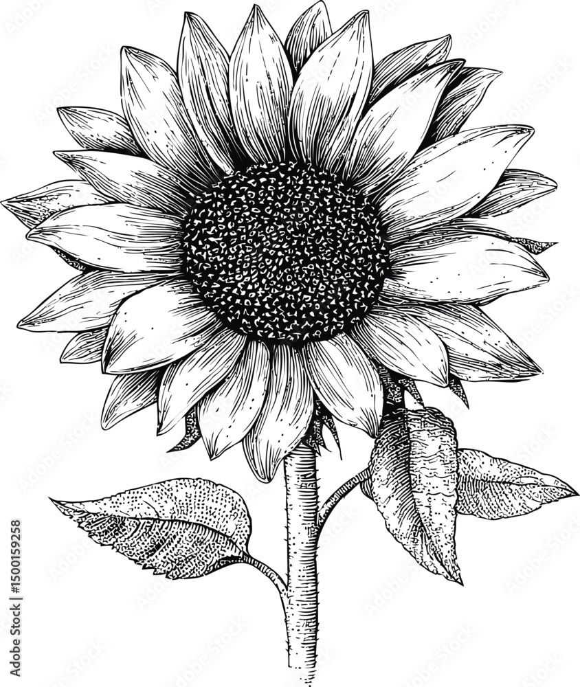 Detailed black and white sunflower illustration with intricate line art ...