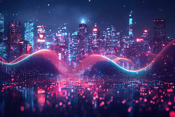 Poster - Futuristic cityscape at night with vibrant data waves flowing over the city, representing digital transformation.