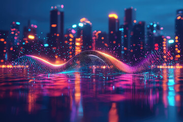 Poster - A vibrant, glowing wave of data points reflected in a city's nighttime waters, symbolizing digital transformation and technological advancement.