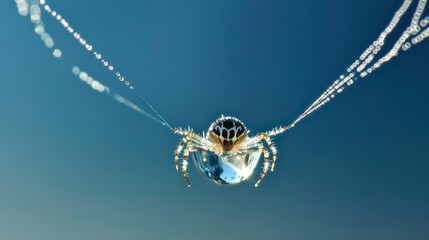 Spider is hanging from a web and is looking at a clear ball