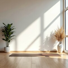 Fototapete - Modern bright yoga studio with wooden floor. Empty room with sunlight through large window. Plants, yoga mat, minimalist design create calm, zen atmosphere, perfect for mindfulness, meditation.