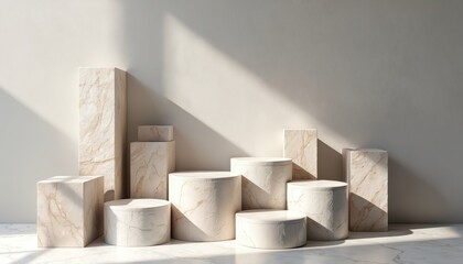 Aufkleber - Empty product display podiums made from stone. Display stand platform for cosmetic product presentation showcase with marble texture, natural lighting. Minimalist design with shadow. Ideal for