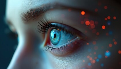 Aufkleber - Close-up of female eye with smart contact lens. Digital and biometric implants scanning the ocular retina. Modern hi-tech tech concept of face identification. Future of AI.