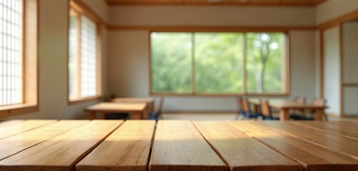 Aufkleber - Empty wooden table blurred background interior japanese restaurant. Wooden table with sunlight, empty. Traditional Japanese restaurant with modern design interior. Blurred out background, focus