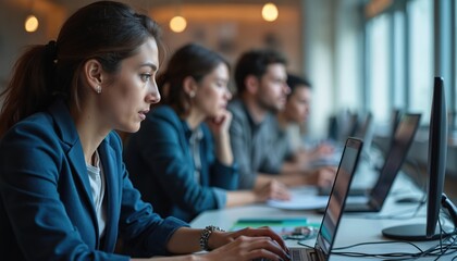 Group employees attending cybersecurity awareness workshop. Colleagues learn information technology network security data protection. Professionals at workplace discuss tech solutions to ensure data