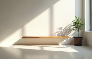 Poster - Minimalist interior home decor. Empty wooden shelf with plant in pot, shadow from leaf. Clean white wall with natural sunlight. Modern design, perfect for product showcase or background.
