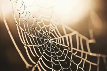 Spiderweb covered in dew drops glistening in soft light, detailed macro shot capturing the intricate patterns.