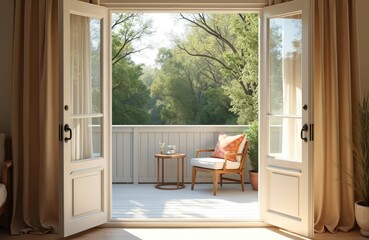 Poster - Open doors lead to a balcony with a table chair and pillow. The outdoor balcony overlooks lush green trees. Interior design concept for luxury homes and modern apartments. Elegant cozy room inside.