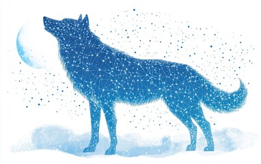 wolf is standing in front of a moon, with stars in the background. the image has a dreamy