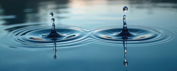 Leinwandbilder - Two water droplets create concentric ripples calm water surface. Clean blue liquid splash wave abstract. Concept nature, purity, zen, spa, meditation, tranquility. Minimalist photography.