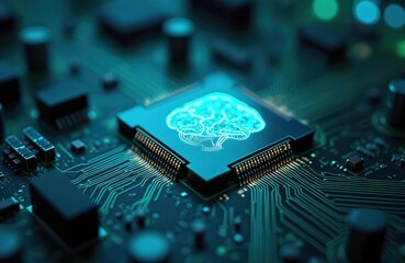 Leinwandbilder - AI brain design on circuit board innovation. Modern digital technology, futuristic processing unit. Innovation, AI, machine learning concept. Smart technology in electronics, computer science.