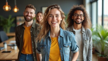 Poster - Diverse startup team smiling in modern office. Young professionals in casual attire. Innovation teamwork and collaboration in modern workplace. Success partnership happy workday.