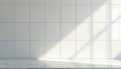 Poster - Modern kitchen wall background features glossy white tiles with smooth granite countertop. Minimalist design, stylish interior, empty space with neutral light. Perfect for modern kitchen designs,