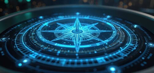 Leinwandbilder - Futuristic digital compass visualizing navigation, direction in blue glow. High-tech tech concept. Abstract graphic design with modern art elements. Digital interface with cybernetic style.