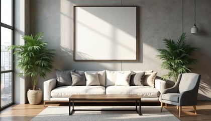 Fototapete - Modern living room interior with industrial style design. Big blank wall mockup above sofa, chair for art, presentation. Plants with beautiful shadows. Minimalist style, home decor, empty frame