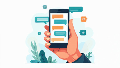 Poster - Illustration of hand holding smartphone with text message bubbles. Digital communication, online chat app, social media concept. Tech, mobile app UI design. Chatting, sms, instant messages. Modern
