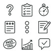 © Влада Яковенко - Assessment Icon Set. Outline icon set of assessment & quizzes: question mark, checklist clipboard, timer, scorecard,