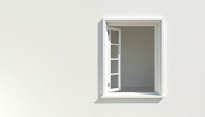 Poster - White wall, open window, simple house architecture concept. Empty interior space inside. Modern building design, minimalist style. Natural light, indoor, outdoor, home decor, construction.