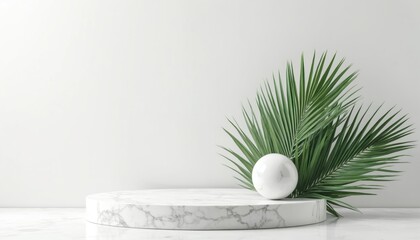 Aufkleber - White marble product podium with green palm leaves, white sphere. Minimalist scene for cosmetic product presentation. Empty mockup display for brand promotion, beauty sale, advertising campaign.