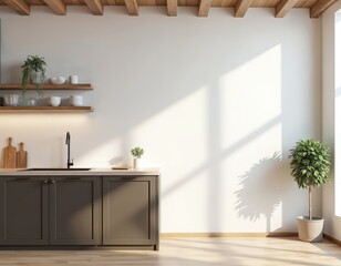 Fototapete - Modern kitchen interior design in industrial loft style with wooden elements, plants, natural light. Minimalist room with empty wall for mockup. Modern apartment, farmhouse home, design with wooden