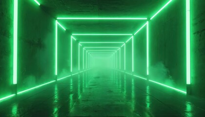 Aufkleber - Futuristic tunnel corridor illuminated green neon lights. Smoke creates mesmerizing perspective. Technology concept, endless journey. Abstract design of sci-fi interior, portal gateway, night club