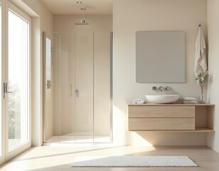 Poster - Modern bathroom design with shower stall sink, mirror. Interior decor emphasizes natural light creating bright, clean space. Minimalist style emphasizes elegance of home. Features include modern
