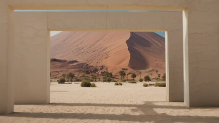 Wall Mural - modern white archway frames a scenic desert vista with palm trees and a large sand dune under a brig