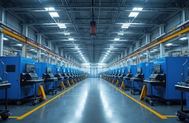 Poster - Modern industrial factory hall interior. Blue machines on wheels, yellow lines on floor. Large warehouse space. Contemporary production plant. Tech automated machines, commercial business interior.