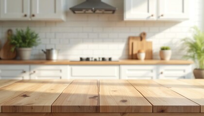 Aufkleber - Empty wood table top in bright modern kitchen. Blur bokeh background. Perfect product montage, display or design template. White cabinets, window, home interior, counter space, tabletop, wooden desk.