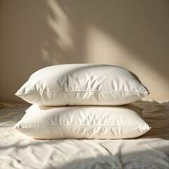 Aufkleber - Soft white pillows stacked on bed. Creating cozy, comfortable atmosphere. Gentle shadows add warmth tranquility to scene, perfect for relaxation. Minimalist design creates aesthetic and peaceful mood.