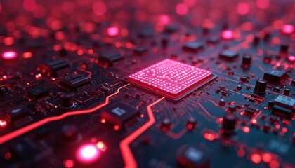 Fototapete - Futuristic digital circuit board with red and pink neon lights. Tech background, cyberspace, modern, innovation, tech, ai, information, data processing, communication, design, engineering.