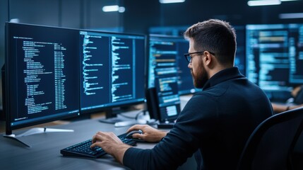 Wall Mural - focused programmer working in modern office with multiple computer screens