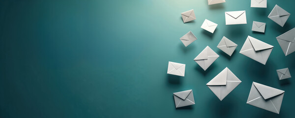 Poster - Floating envelopes on teal background represent communication email messaging. Perfect for business communication themes. Virtual email inbox, online service, e-mail marketing, digital media, web