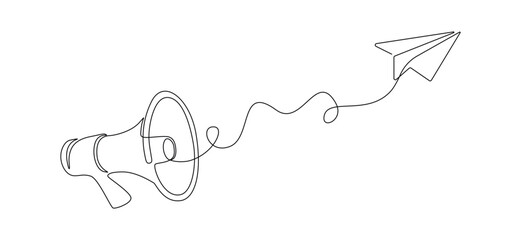 Poster - Petition concept in One continuous line drawing. Loudspeaker and speaker with paper plane in simple linear style. Megaphone announce symbol in Editable stroke. Doodle vector illustration
