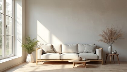 Poster - Scandinavian style living room design. Interior with sofa, coffee table, vases, big light wall. Sunlight, shadow from window. Minimalist style apartment mock up. Modern home decor.