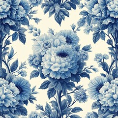 Aufkleber - Vintage French floral toile seamless pattern. Blue flowers pattern on light background. Botanical garden rose bloom decor design. Ideal for fabric, wallpaper, wrapping paper, cards, scrapbooking.