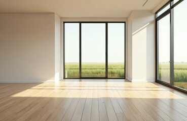Poster - Modern interior design. Empty living room, bright daylight through large windows. Minimalist style, parquet floor. Open space, home, apartment. Illustration, 3d render, eco-friendly design, natural