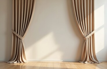 Poster - Staged interior room with symmetric open curtains and blank off white wall. Wooden floor with copy space. Light and shadow. Home design, decor concept for product placement.