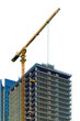 © Po - Under construction high multi-storey building with tower type construction crane isolated on transparent white background. Blank for industry, real estate investment at stage of construction.