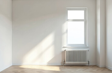 Poster - Empty light room with window, radiator. Daylight. White walls, wooden floor. Minimalist interior, home design. Residential accommodation, dwelling, property for sale rent. Renovate flat house concept.
