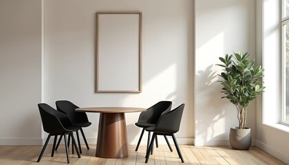 Poster - Modern dining room interior design with blank picture frame on wall. Black chairs, round wooden table, window. Wooden floor with daylight, plant. Minimalistic style, home decor, copy space. Empty