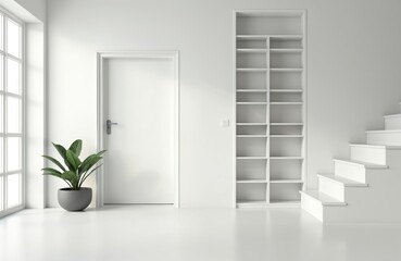 Poster - Minimalist modern interior design. Empty white room with door, shelves, staircase, window, plant. Light, shadow play creates peaceful atmosphere. Concept for home decor, office, apartment, studio