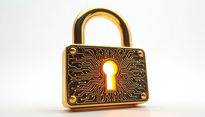 Aufkleber - Golden cyber lock illustration isolated white background, digital security, data protection, technology. Secure padlock represents data safety, password, encryption, cybersecurity. Concept digital