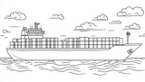 Black and white line drawing of a large cargo ship on water with clouds