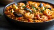 © azzahro - Delicious seafood paella in a dark bowl.